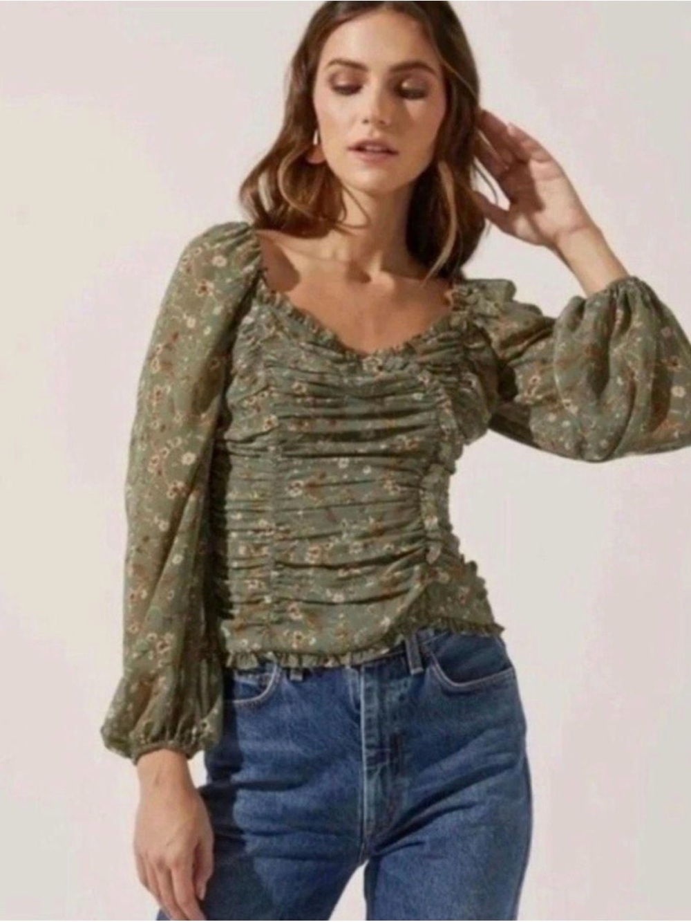 Astr Olive Green Floral Ruched Square-Neck Blouse